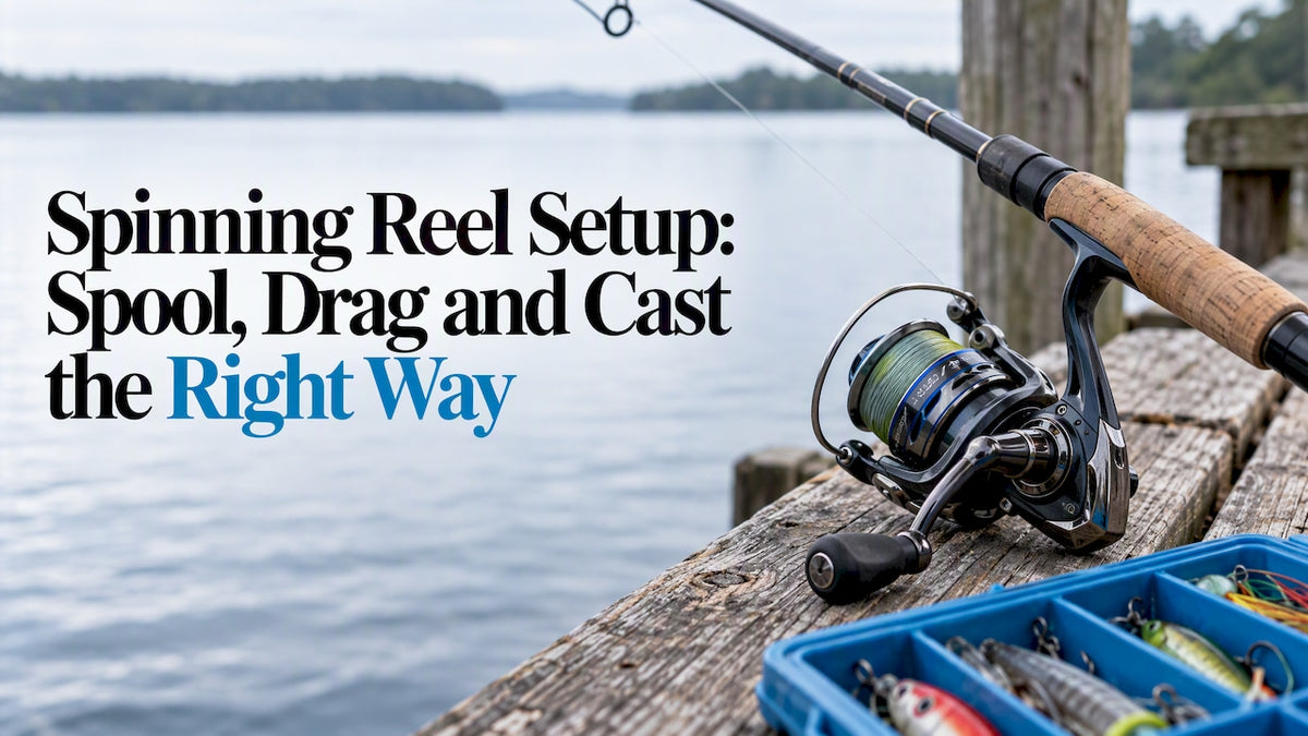 Spinning reel and rod on a lakeside bench