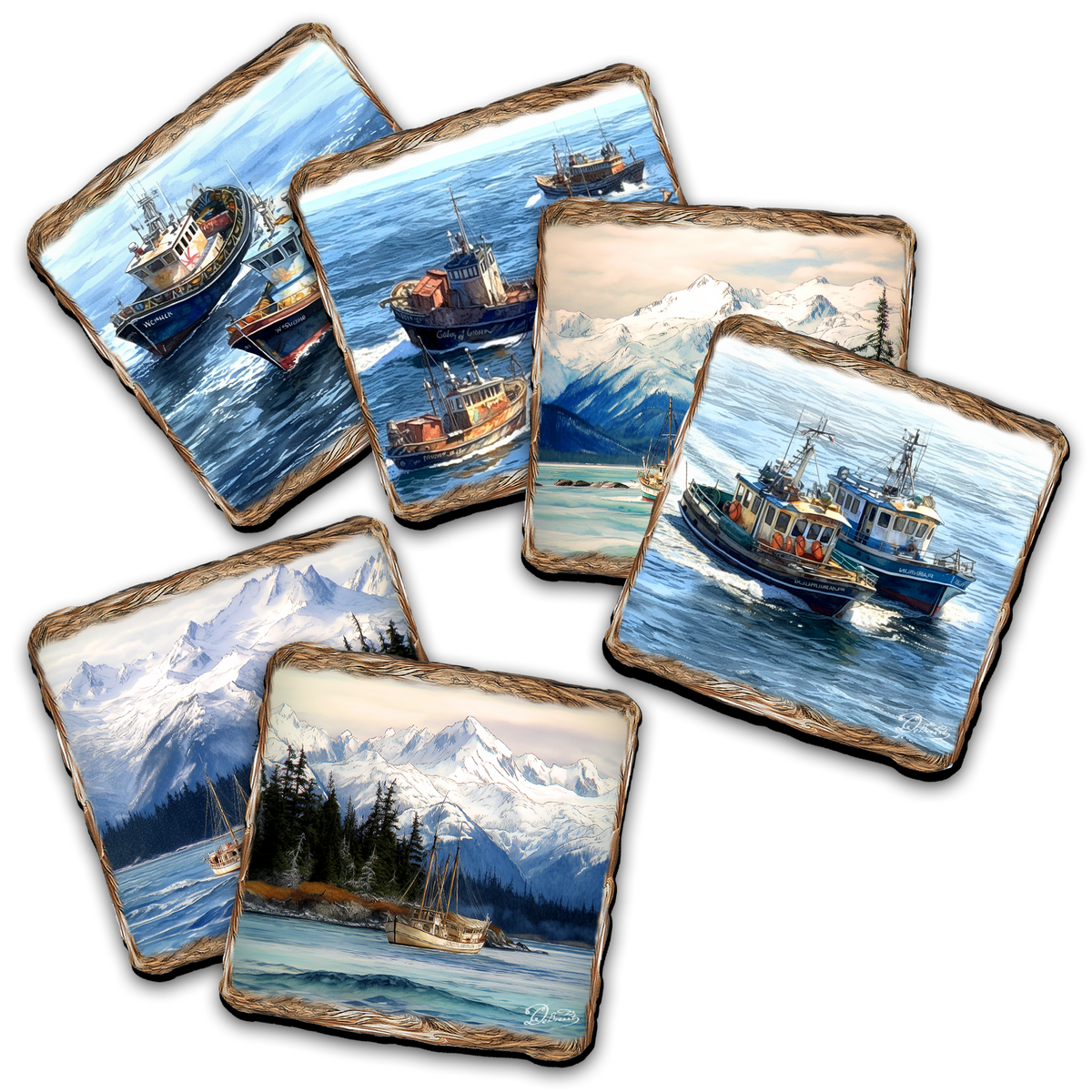 Fishing Boats Wooden Cork Placemat and Coasters Gift Set of 7 by Nature Wonders Coastal Wildlife Decor  - 85405C-S7