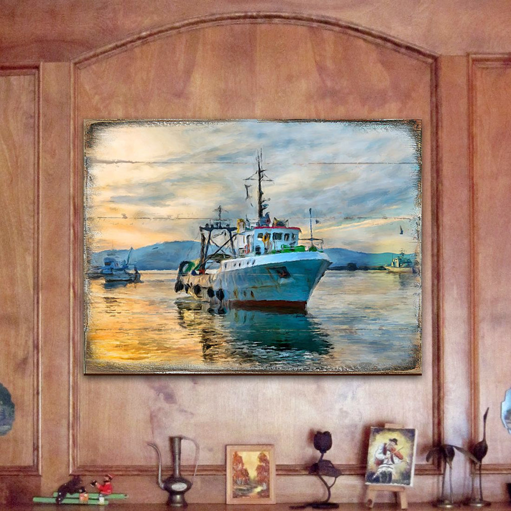 Fishing Boat Wood Wooden Coastal Wall Art by Nature Wonders - Coastal Sea-Life Decor - 95235B
