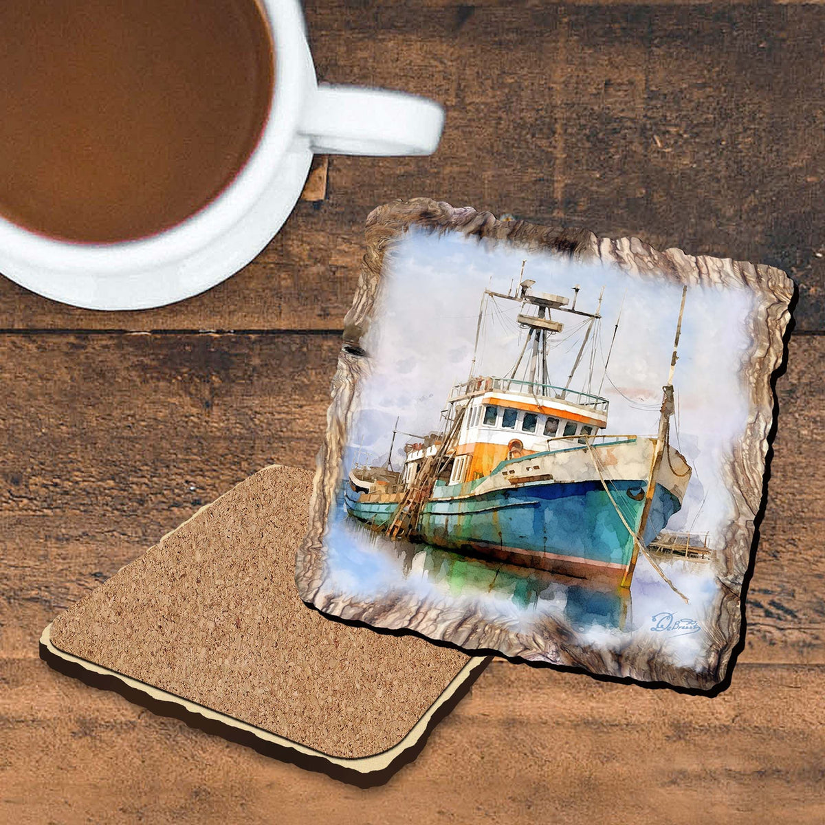 Fishing Boats Wooden Cork Coasters Gift Set of 4 by Nature Wonders Coastal Nature Wildlife Decor  - 95402C-S4