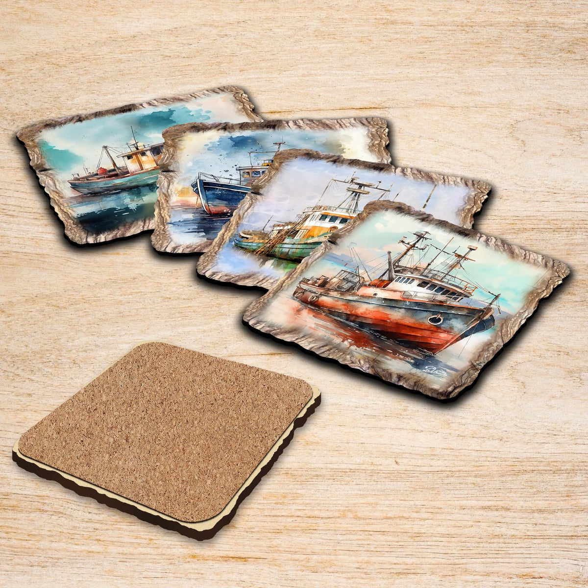 Fishing Boats Wooden Cork Coasters Gift Set of 4 by Nature Wonders Coastal Nature Wildlife Decor  - 95402C-S4
