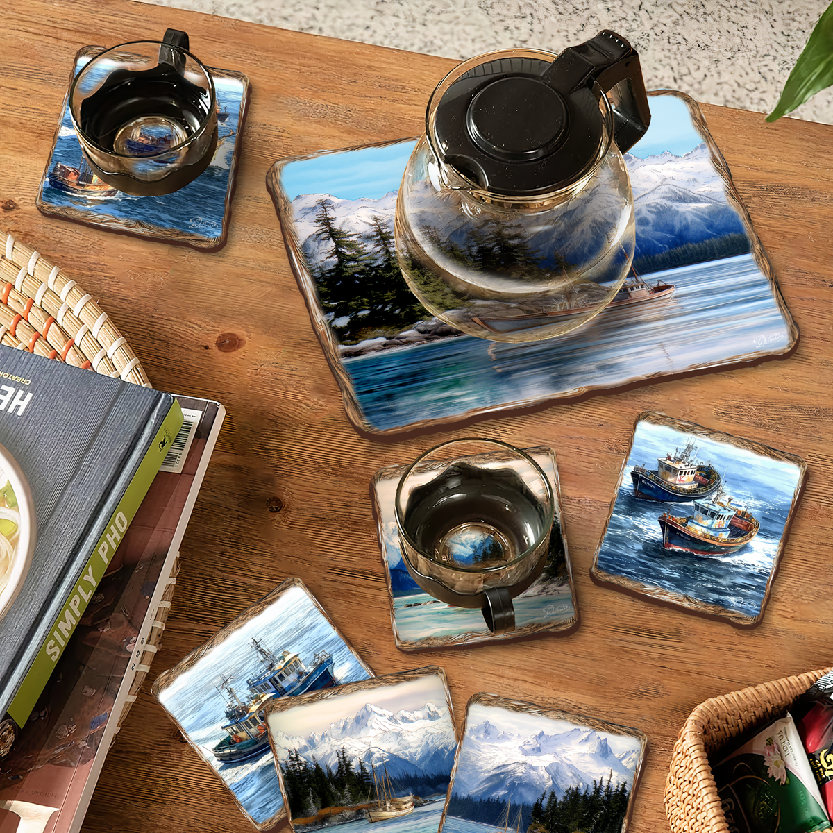 Fishing Boats Wooden Cork Placemat and Coasters Gift Set of 7 by Nature Wonders Coastal Wildlife Decor  - 85405C-S7