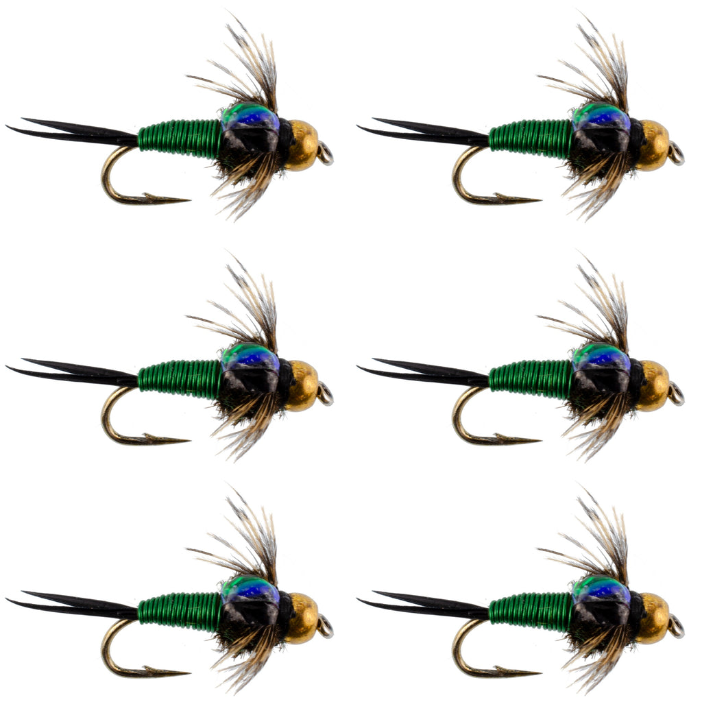 Bead Head Green Copper John Nymph Fly Fishing Flies - Set of 6 Flies Hook Size 16