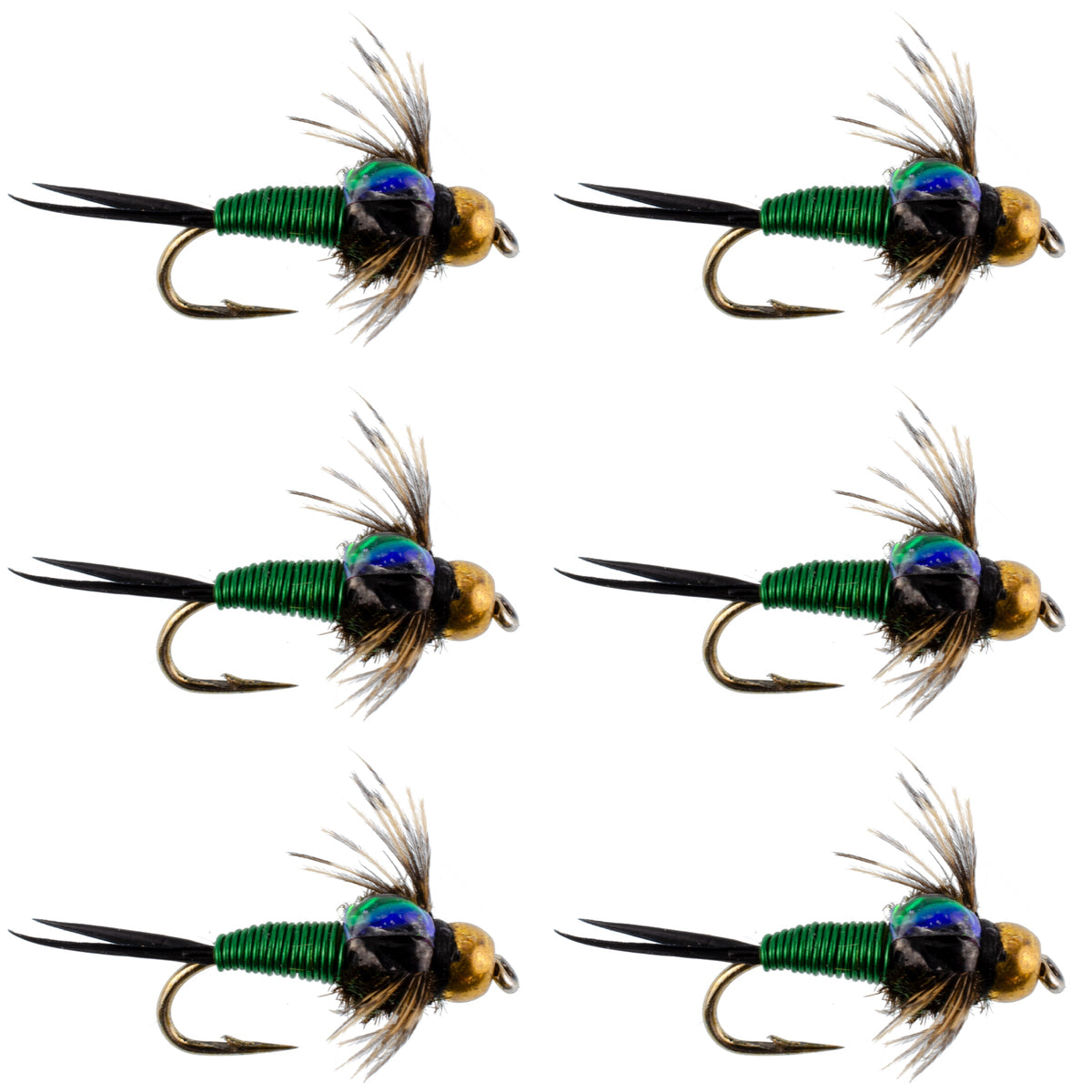 Bead Head Green Copper John Nymph Fly Fishing Flies - Set of 6 Flies Hook Size 16
