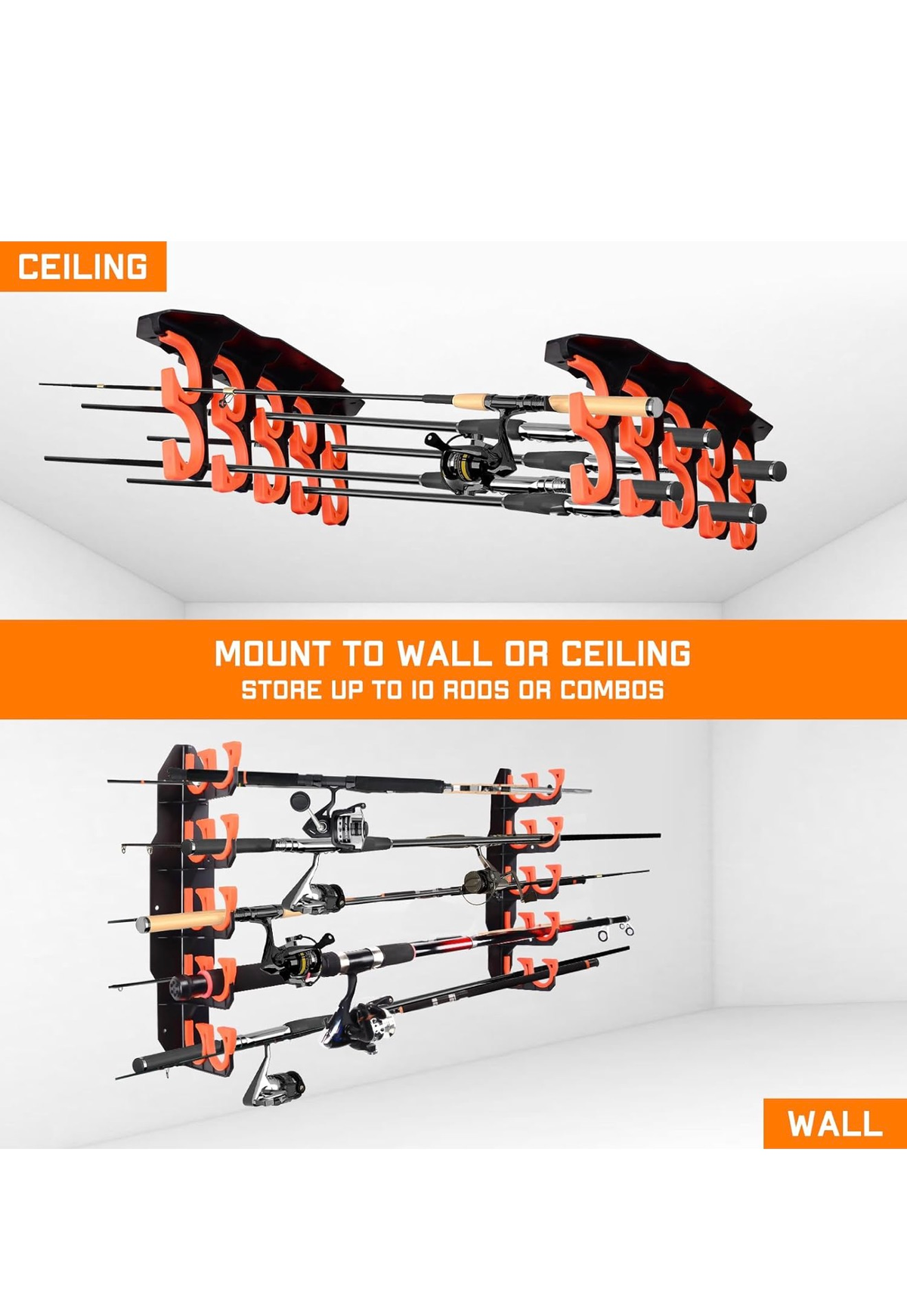 Fishing Rod Rack, Wall or Ceiling Mount, Holds 10 Rods