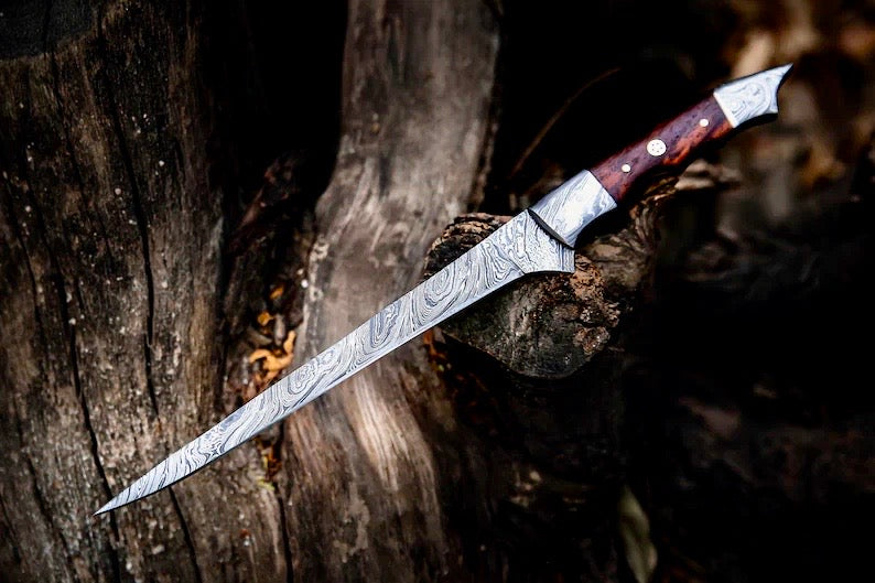 Handmade Damascus Steel Fish Fillet Knife – 8" Blade with Rosewood Handle & Leather Sheath