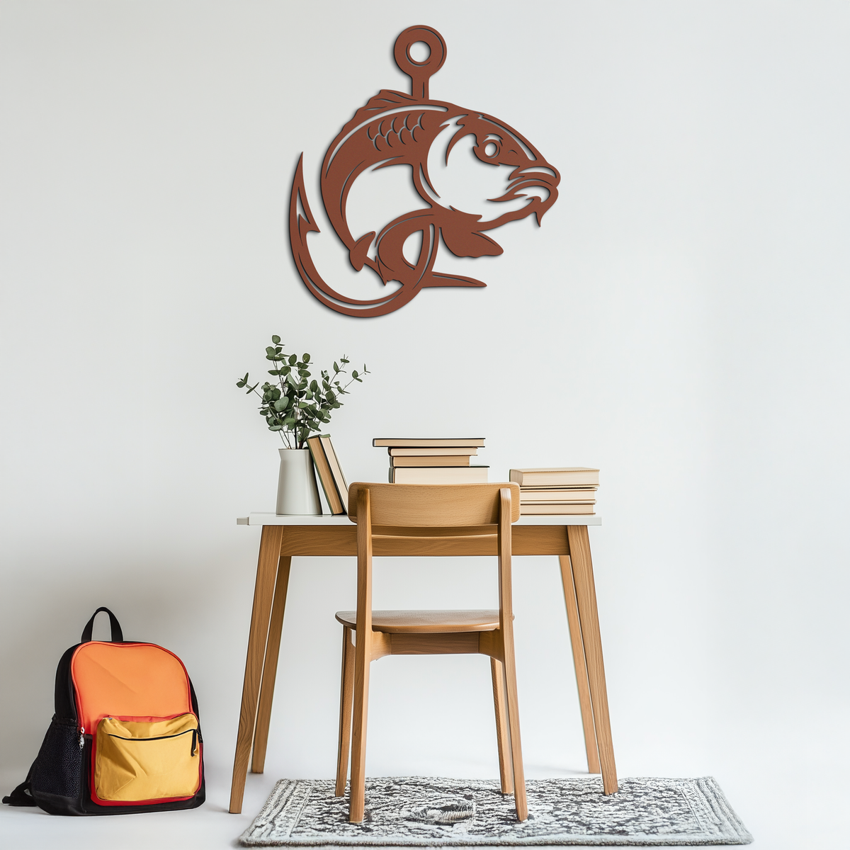 Fishing Hook and Fish Silhouette Metal Wall Art – Black Steel Angler’s Home Decor- KAF495