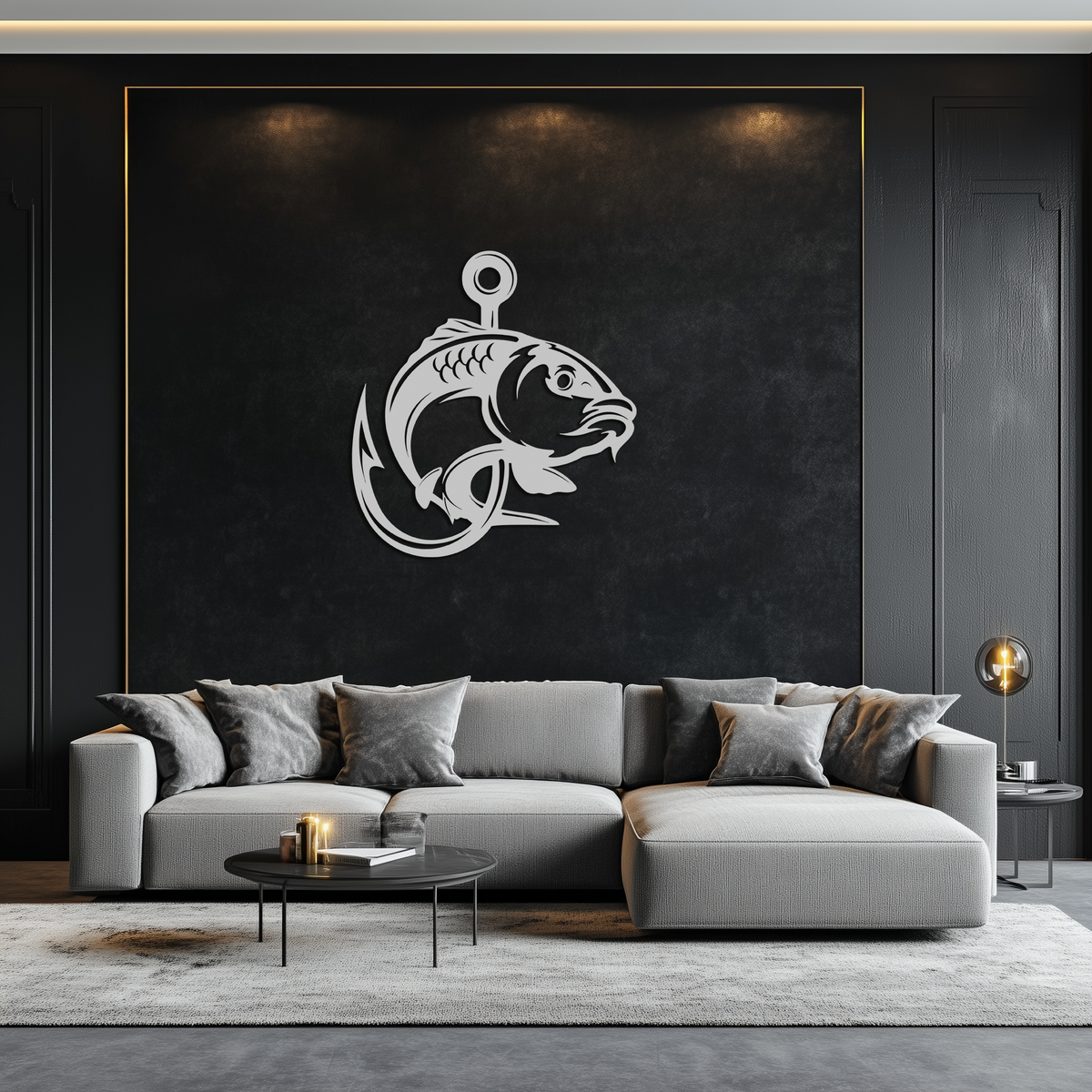 Fishing Hook and Fish Silhouette Metal Wall Art – Black Steel Angler’s Home Decor- KAF495