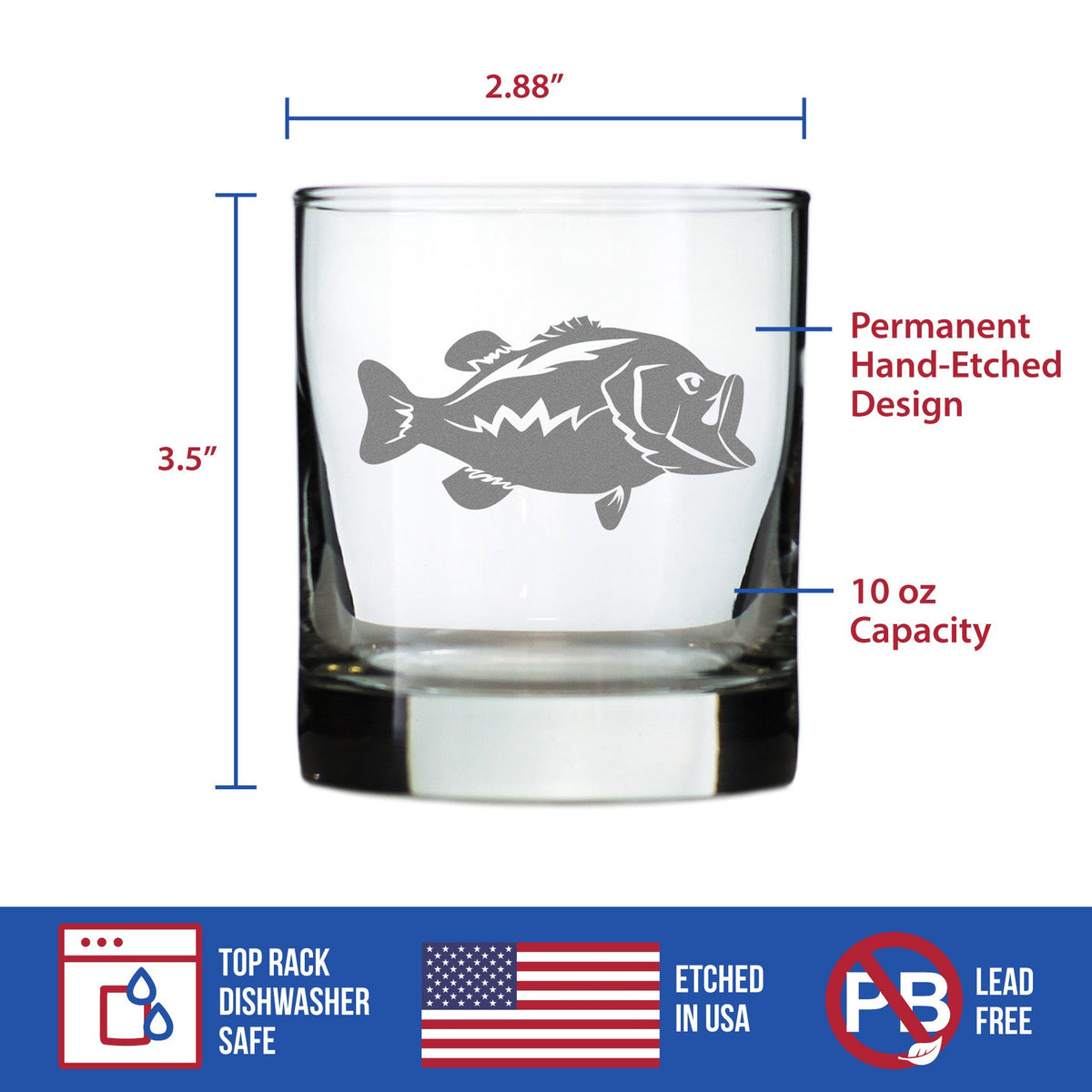 Largemouth Bass - Whiskey Rocks Glass - Bass Fishing Gifts for Fisherman - Fun Fish Cups & Lake House Decor - 10.25 oz Glasses