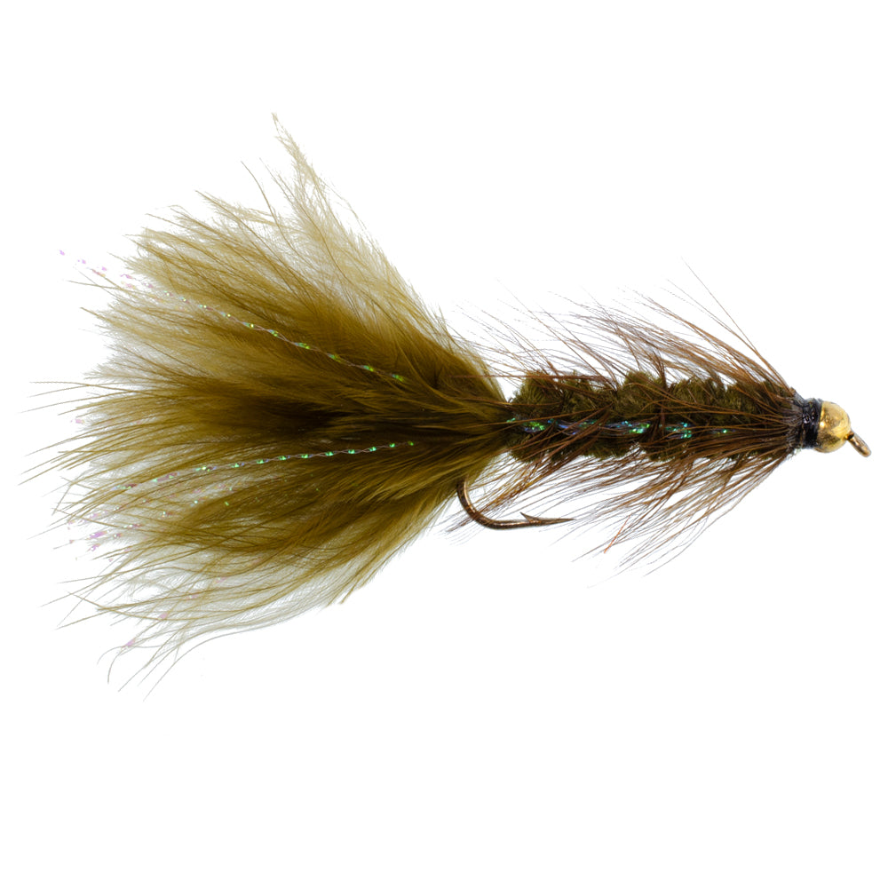 Dark Olive Bead Head Crystal Woolly Bugger Streamer Fly - 6 Flies Size 4