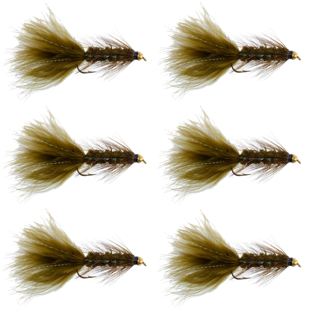 Dark Olive Bead Head Crystal Woolly Bugger Streamer Fly - 6 Flies Size 4