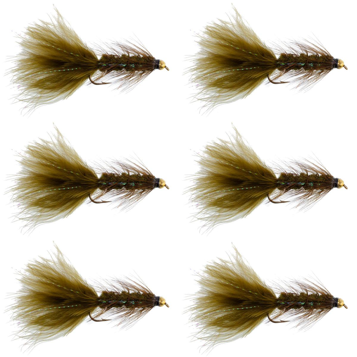 Dark Olive Bead Head Crystal Woolly Bugger Streamer Fly - 6 Flies Size 4