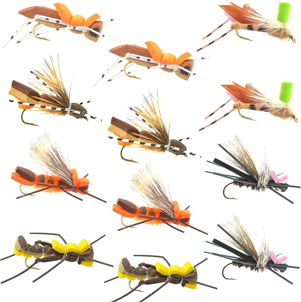 Foam Hopper Fly Fishing Flies Assortment - 12 Flies - 2 Each of 6 Grasshopper Dropper Hopper with Fly Box