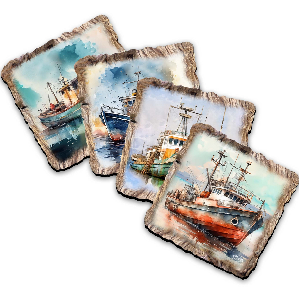 Fishing Boats Wooden Cork Coasters Gift Set of 4 by Nature Wonders Coastal Nature Wildlife Decor  - 95402C-S4